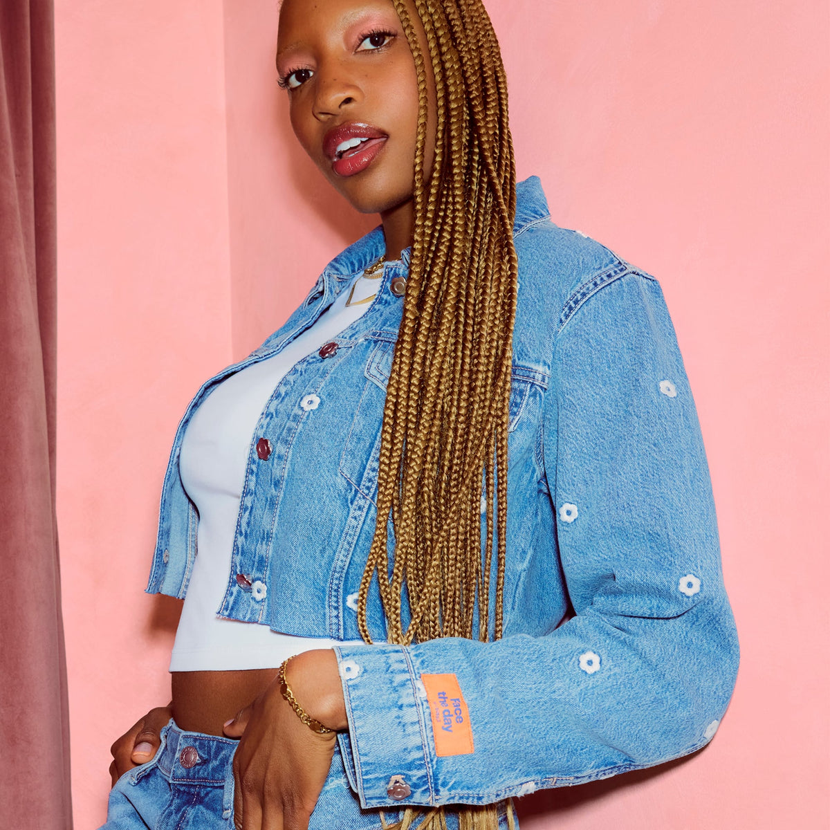 AE x Bubble Embroidered Cropped Denim Jacket